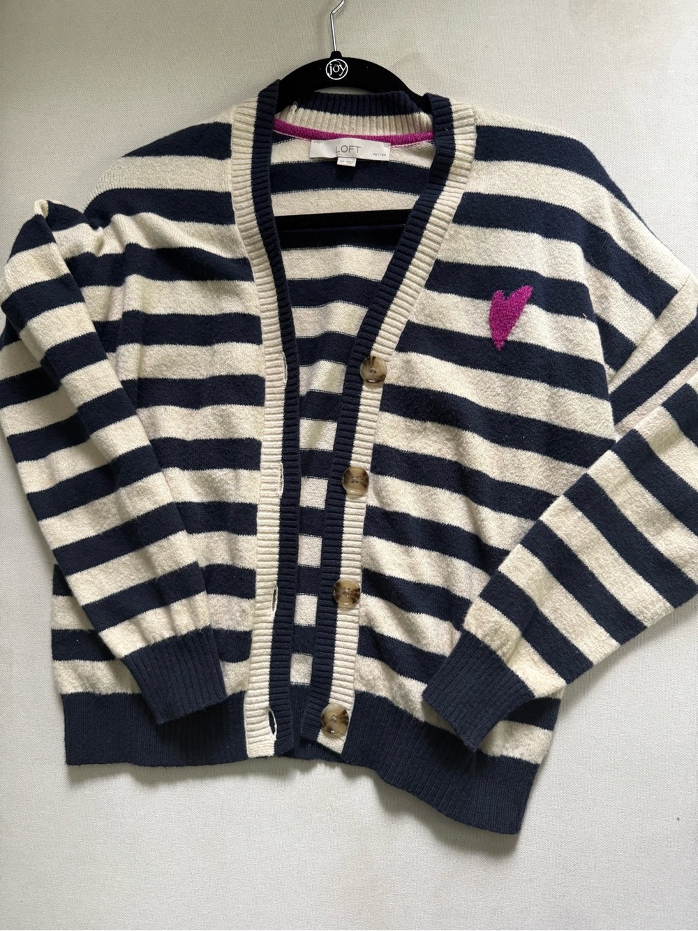 LOFT Navy & Cream Striped Cardigan with Pink Heart